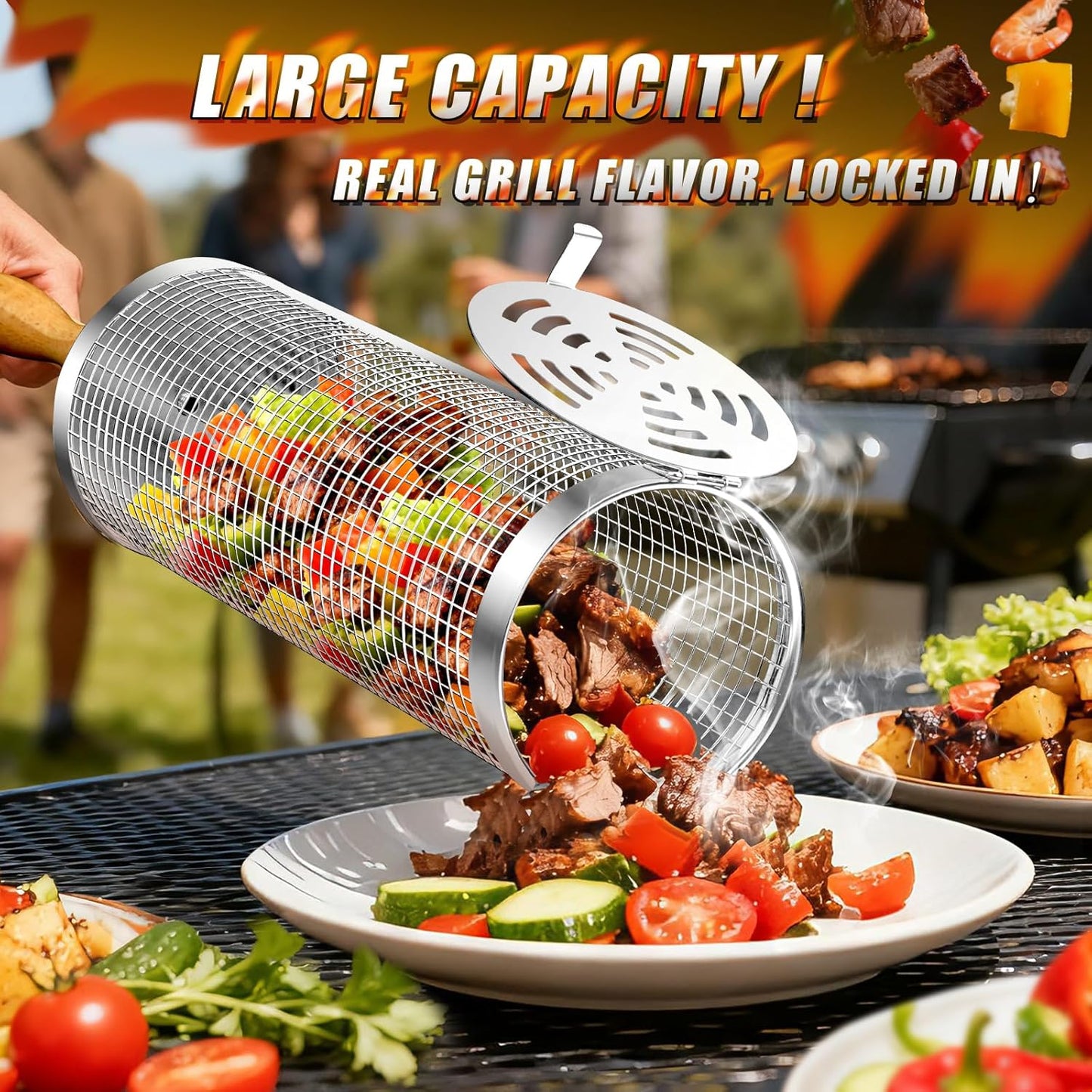 🍢Rolling BBQ Basket for Outdoor Grill: Barbecue Smoker Grilling Baskets-Rush