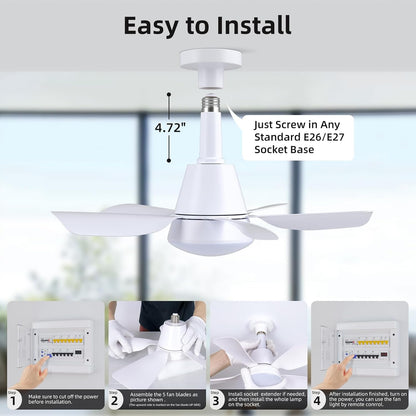 Socket Fan with Light and Remote, Socket Fan Light 3000K-6500K 3 Colors Dimmable, 5 Blades with Socket Extender,Portable Small Ceiling Fans-Rush