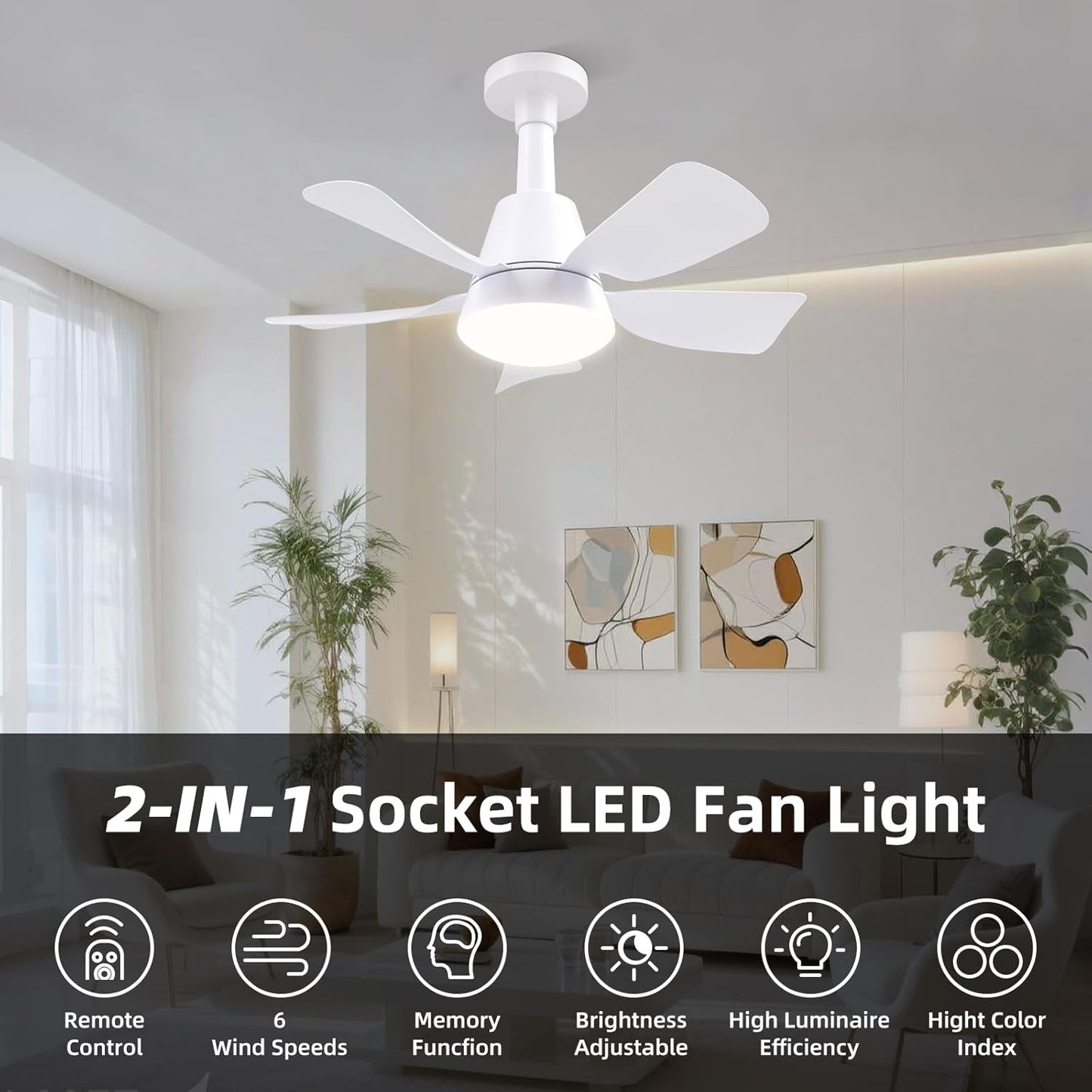 Socket Fan with Light and Remote, Socket Fan Light 3000K-6500K 3 Colors Dimmable, 5 Blades with Socket Extender,Portable Small Ceiling Fans-Rush