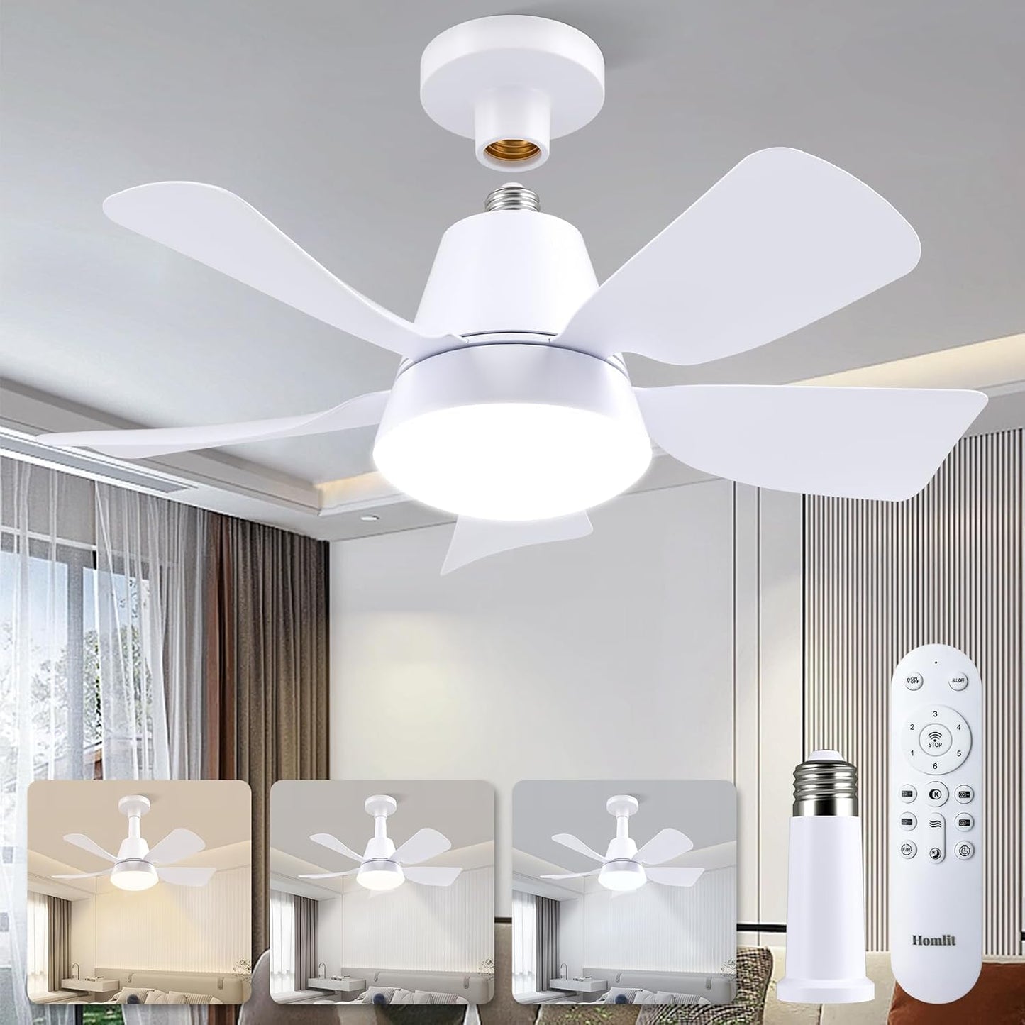 Socket Fan with Light and Remote, Socket Fan Light 3000K-6500K 3 Colors Dimmable, 5 Blades with Socket Extender,Portable Small Ceiling Fans-Rush
