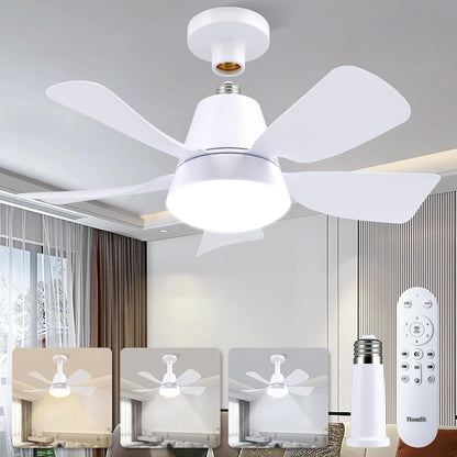 Socket Fan with Light and Remote, Socket Fan Light 3000K-6500K 3 Colors Dimmable, 5 Blades with Socket Extender,Portable Small Ceiling Fans-Rush