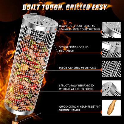 🍢Rolling BBQ Basket for Outdoor Grill: Barbecue Smoker Grilling Baskets-Rush