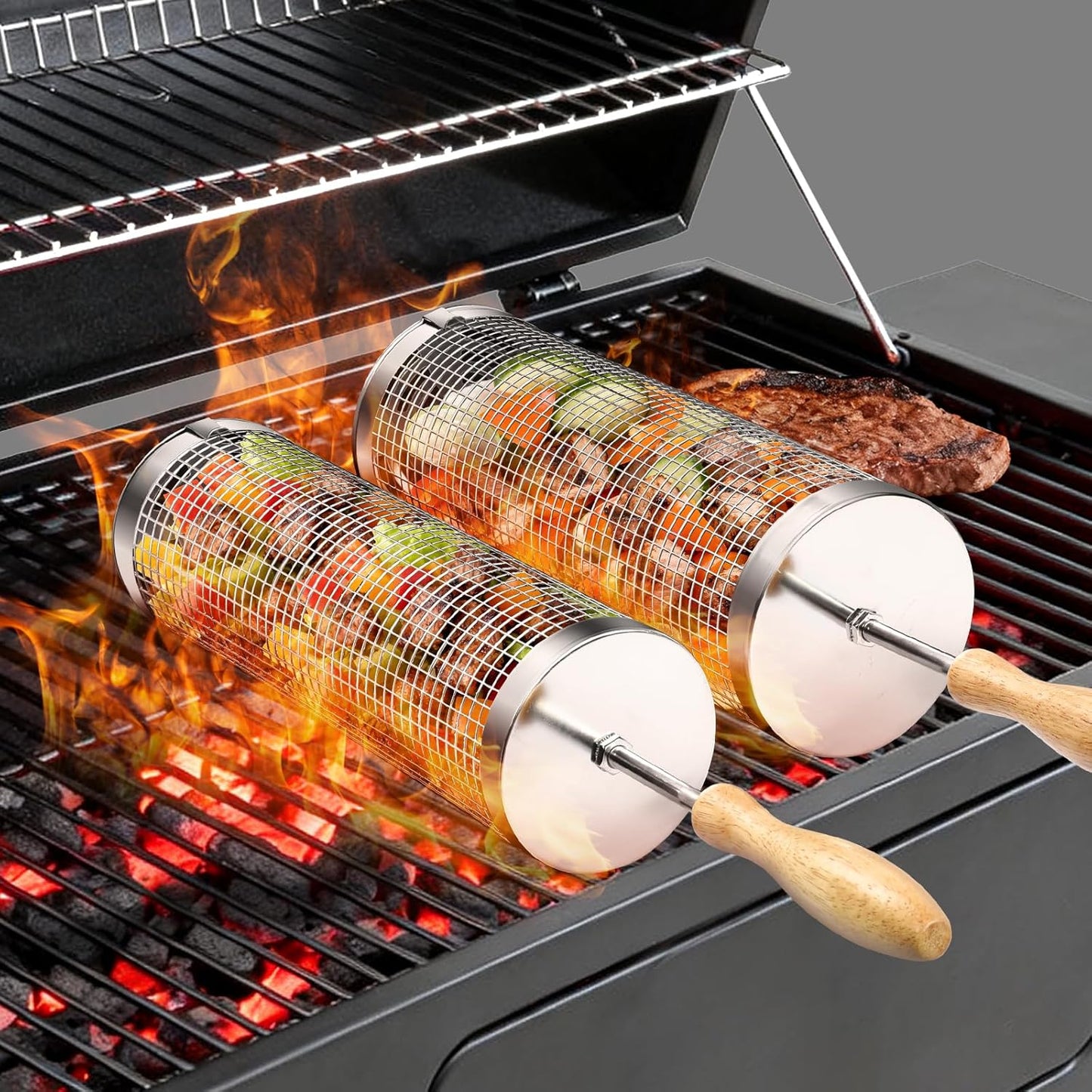 🍢Rolling BBQ Basket for Outdoor Grill: Barbecue Smoker Grilling Baskets-Rush