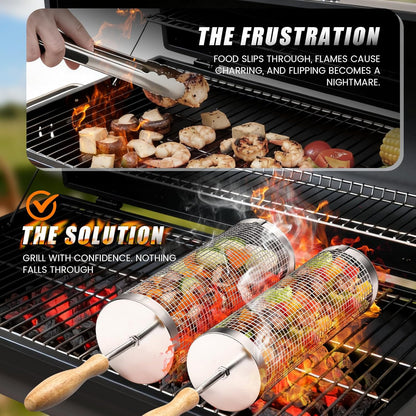 🍢Rolling BBQ Basket for Outdoor Grill: Barbecue Smoker Grilling Baskets-Rush