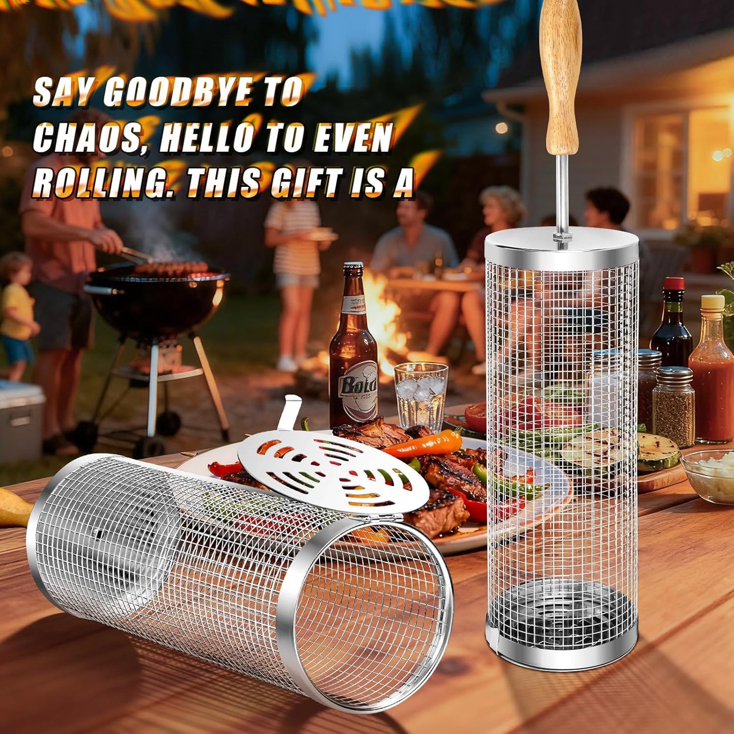 🍢Rolling BBQ Basket for Outdoor Grill: Barbecue Smoker Grilling Baskets-Rush