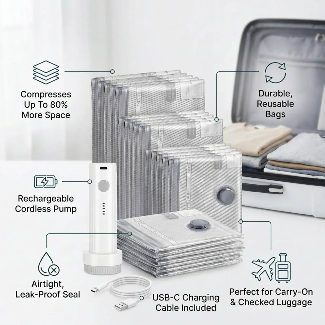 Cordless Travel Vacuum Storage Compression Bag Set-Rush