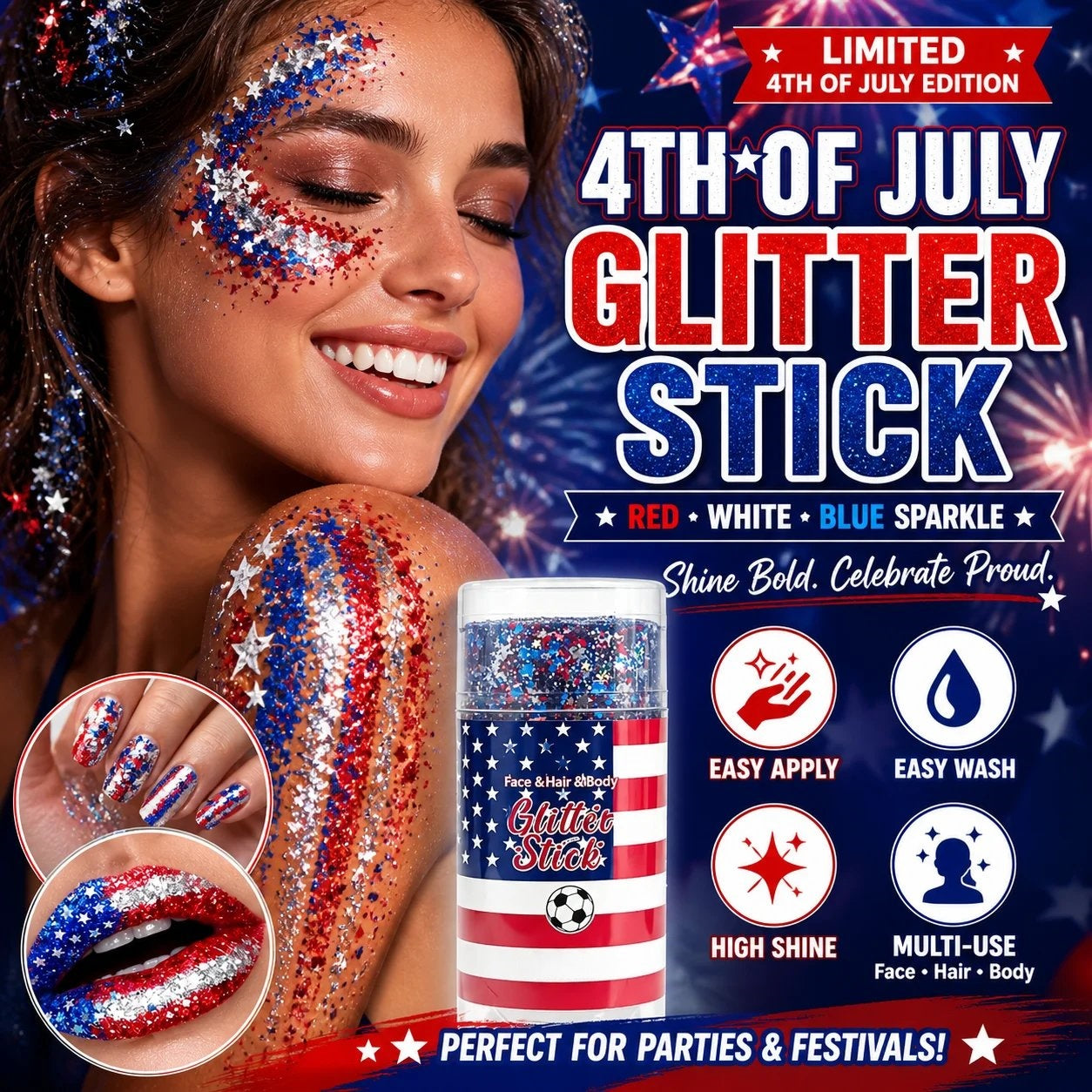 3-in-1 Patriotic Glow 😍 ✨ Red,   White & Blue Glitter Body Stick-Viral