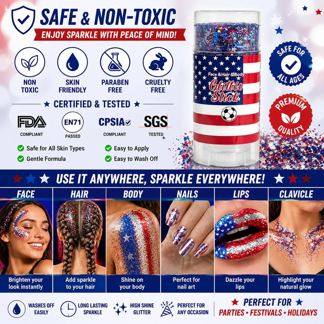 3-in-1 Patriotic Glow 😍 ✨ Red,   White & Blue Glitter Body Stick-Viral