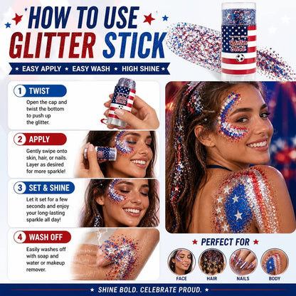 3-in-1 Patriotic Glow 😍 ✨ Red,   White & Blue Glitter Body Stick-Viral