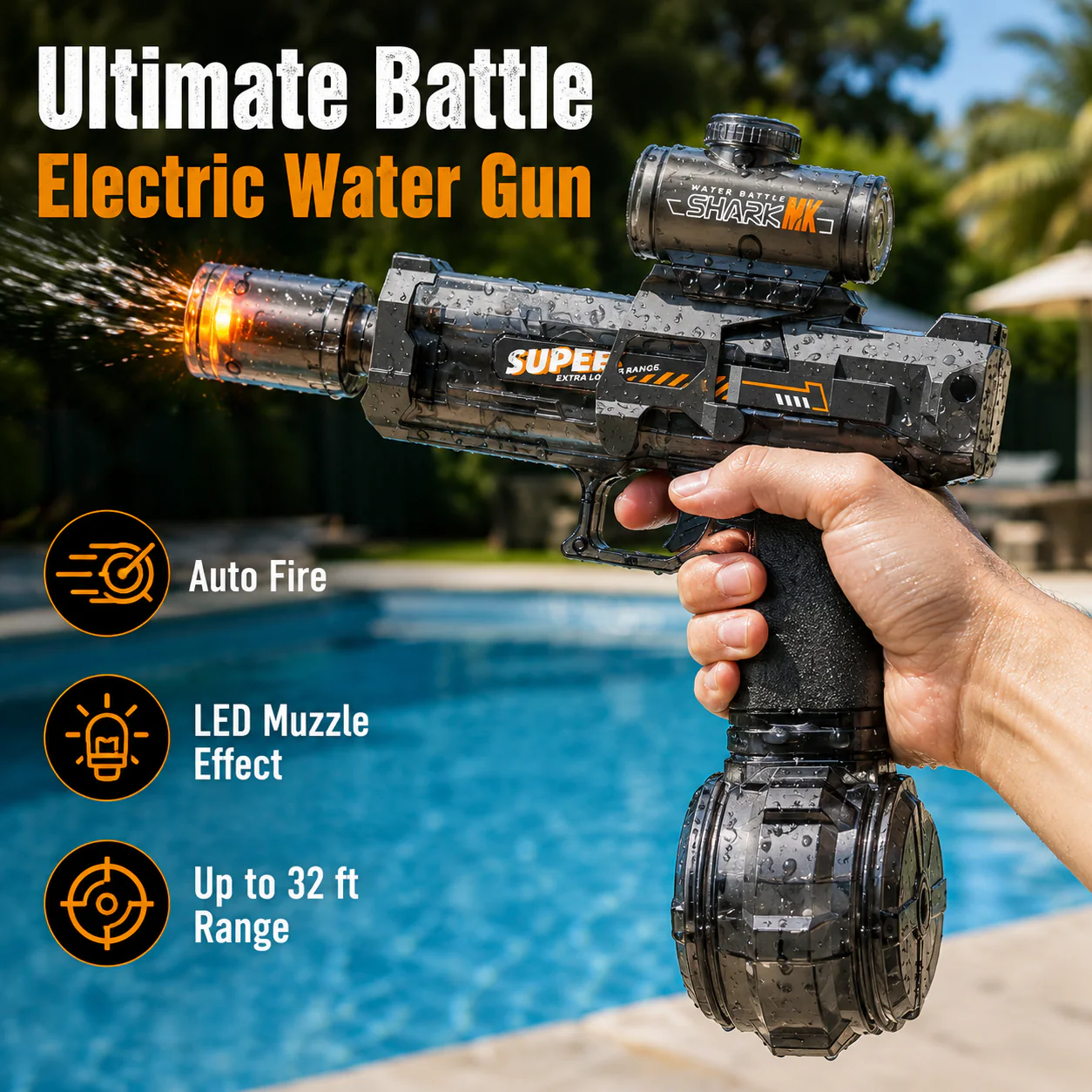 💧Glowing Electric Water Gun🔫, 32ft Range, 320cc Tank, Fun Summer Toy for All Ages-HG