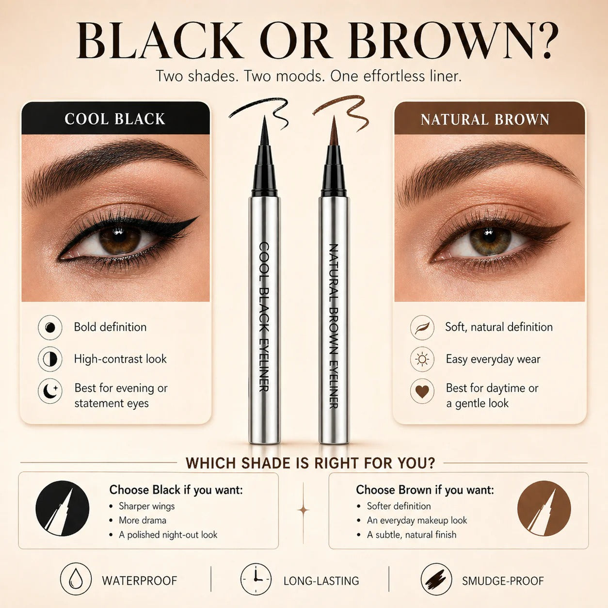 Cool Black/Brown Waterproof Eyeliner|24hr Long-Lasting, One stoke forming-edition